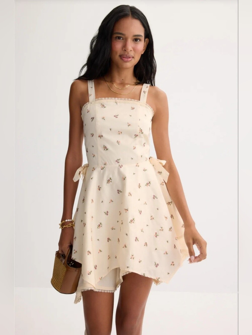 WeWoreWhat Women's Handkerchief Mini Dress in Ivory, Floral Embroidery, XS, $198